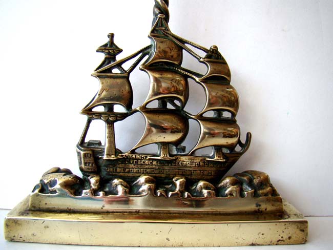 An Antique Victorian brass doorstop in the form of a ship with serpent handle circa 1850 — image 2